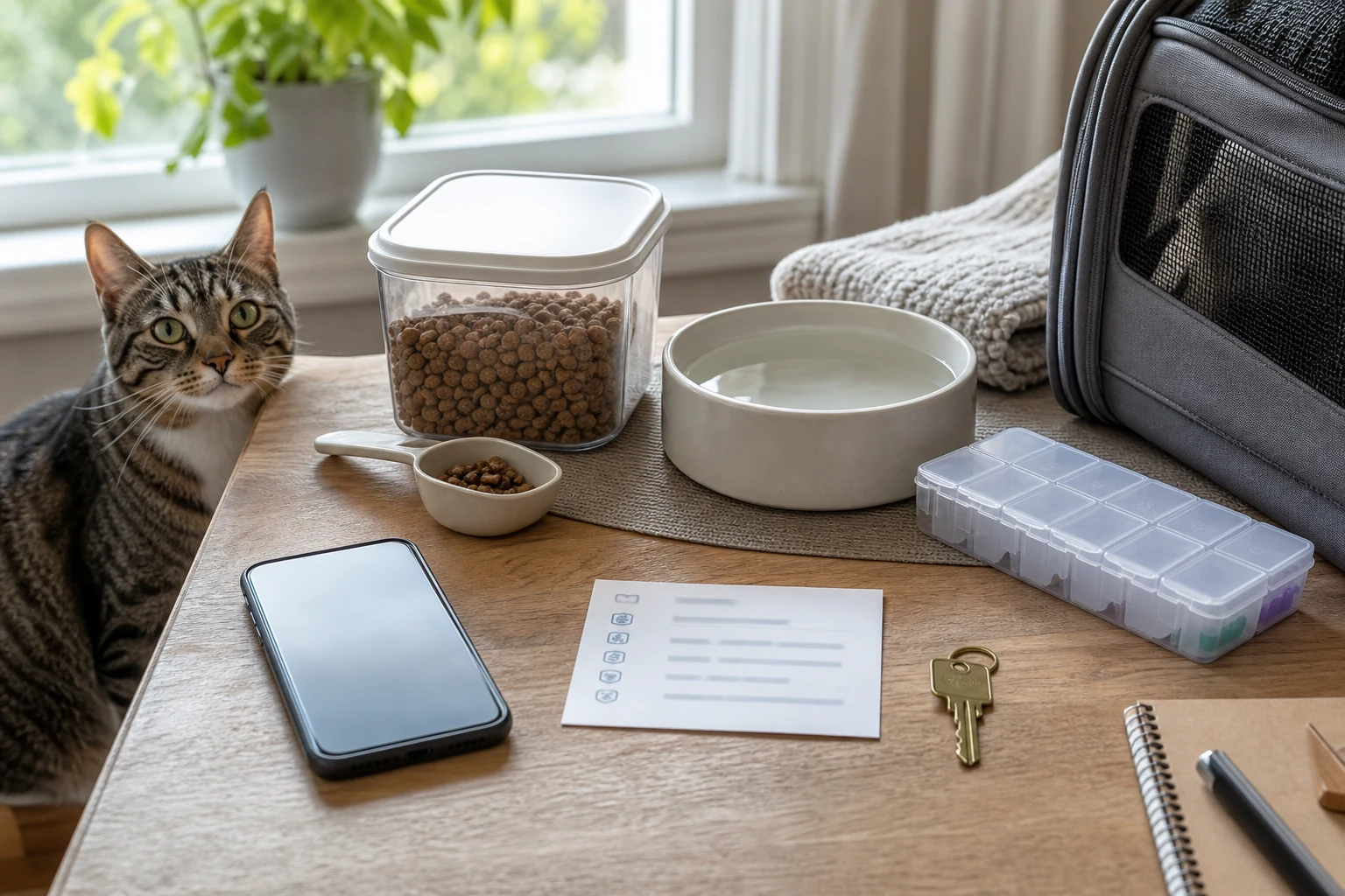 Cat-sitter supplies arranged before a trip