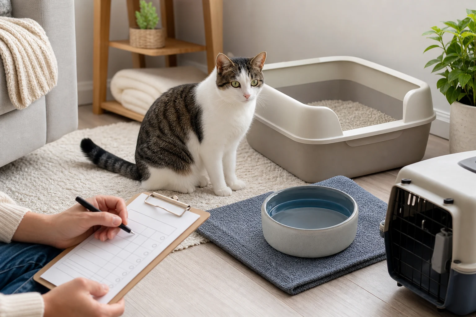 A calm cat beside a clean litter box, water bowl, carrier, and owner monitoring checklist after urinary blockage treatment.