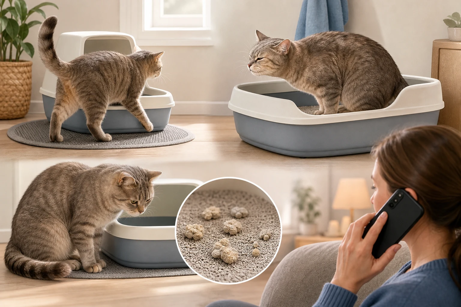 A cat urinary warning signs scene showing repeated litter box visits, straining posture, small clumps, and an owner calling a veterinarian.