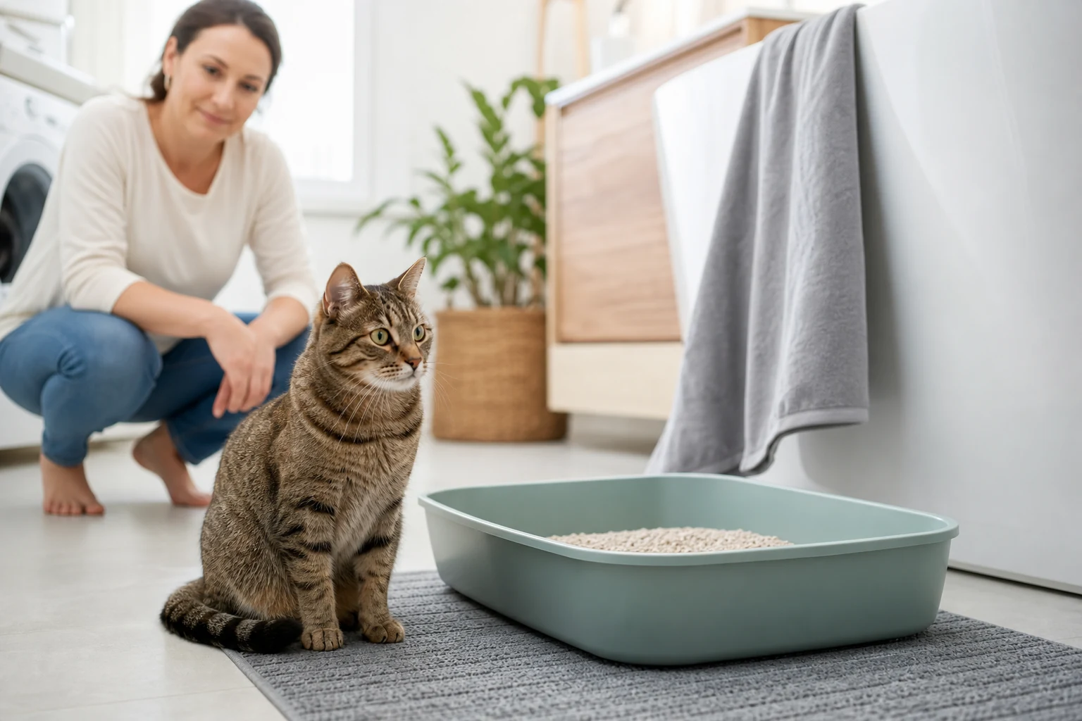 A tabby cat sitting beside a clean litter box while an owner calmly watches for urinary changes.