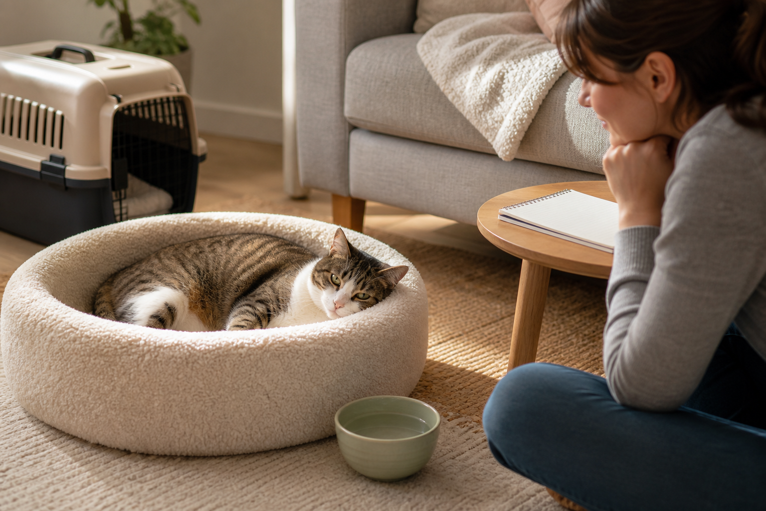 A relaxed cat resting in a soft bed near water while an owner observes quietly after a vaccine appointment.