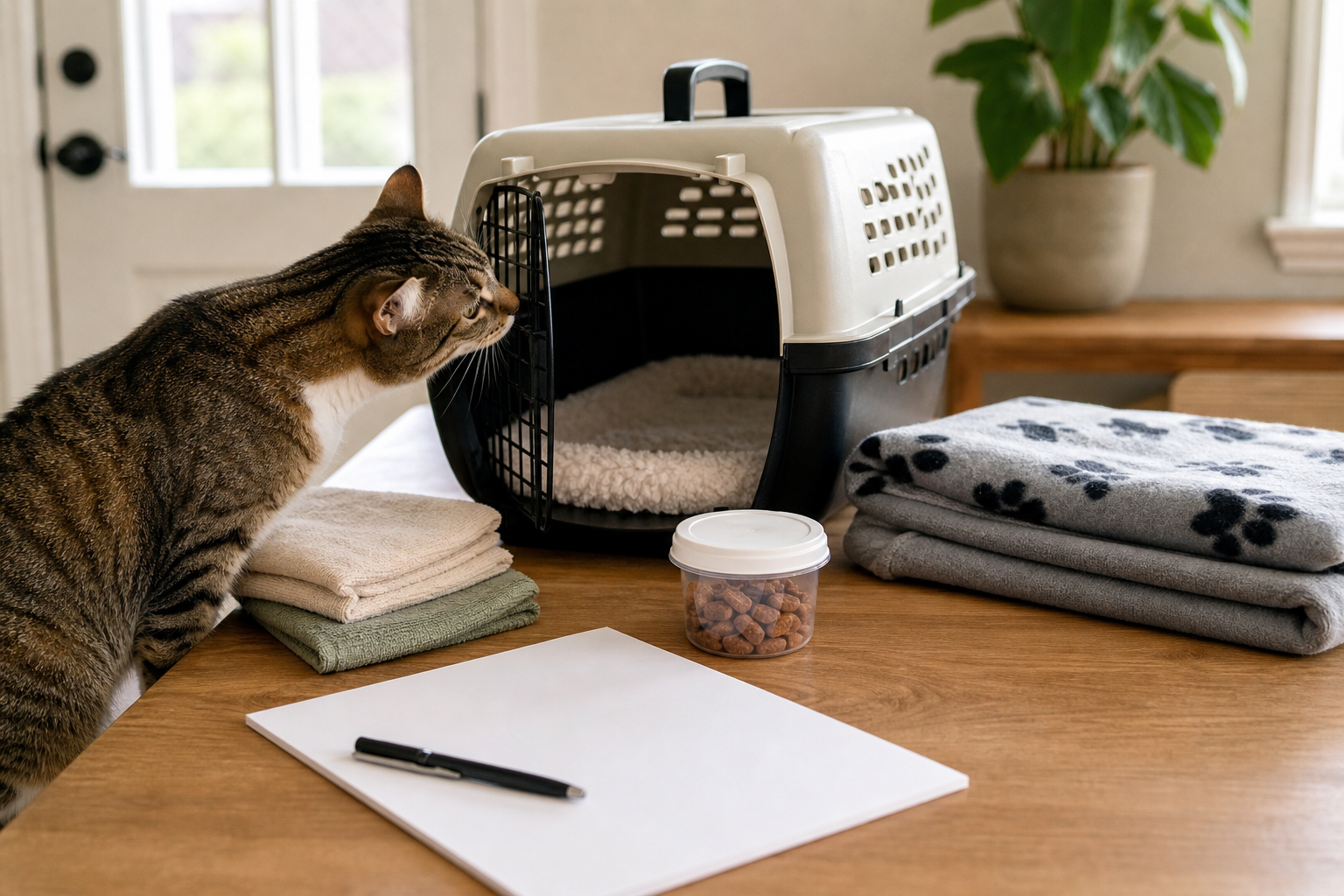 A cat sniffing an open carrier beside folded towels, treats, and a blank health-notes page before a vaccine visit.