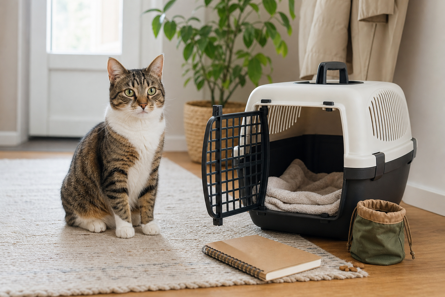 A calm tabby cat sitting beside an open carrier with a towel, notebook, and treats before a vaccine appointment.