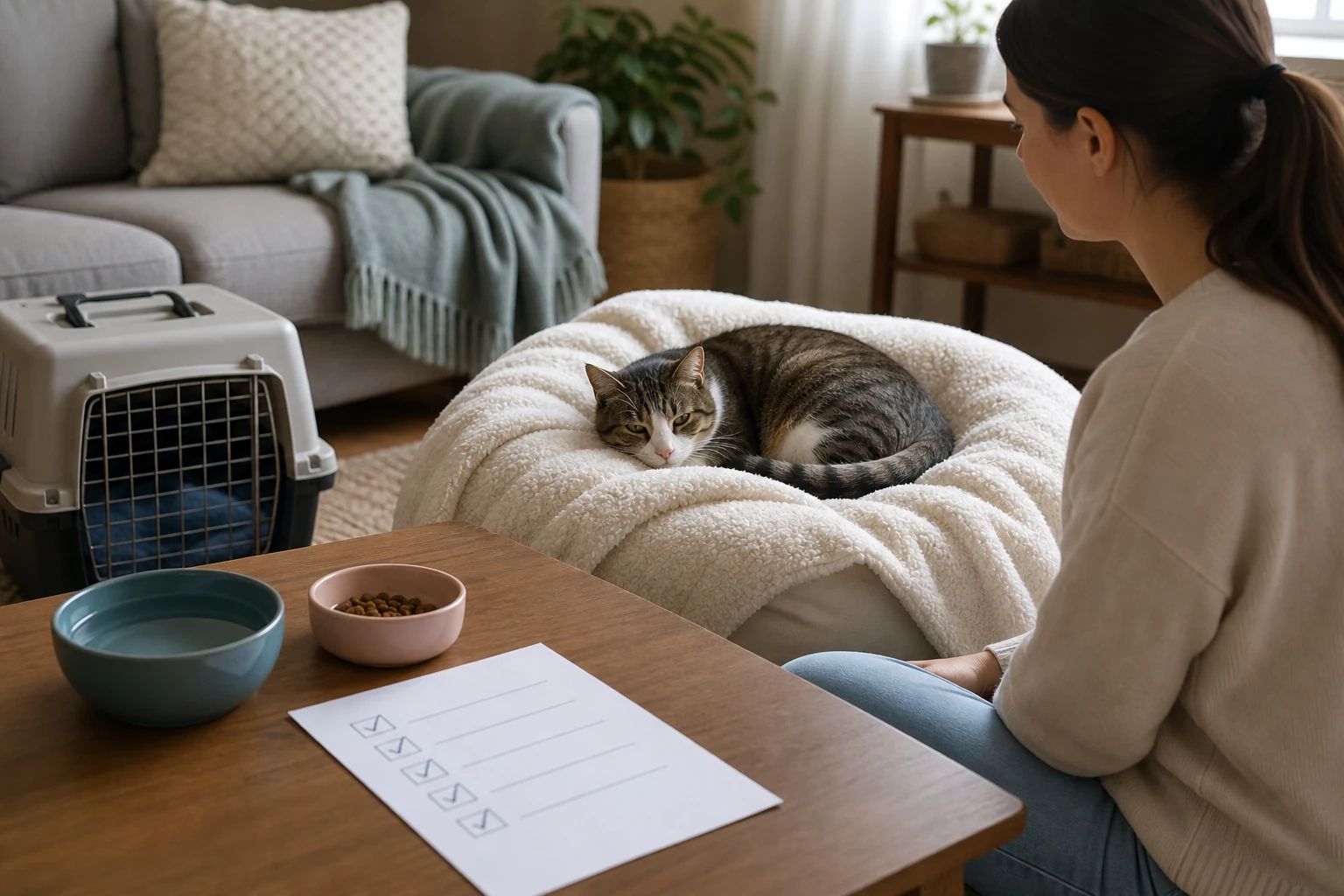 A cat resting at home near water, food, and a simple monitoring checklist after vaccination.