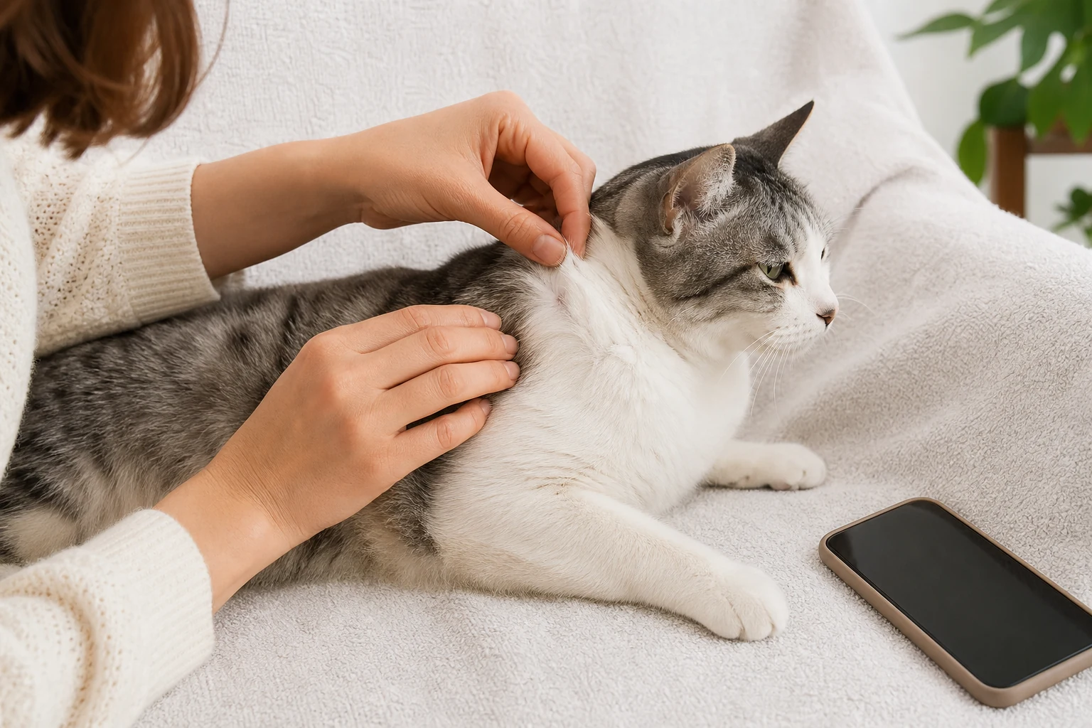 A cat owner gently checking the shoulder area of a calm cat for vaccine-site swelling.