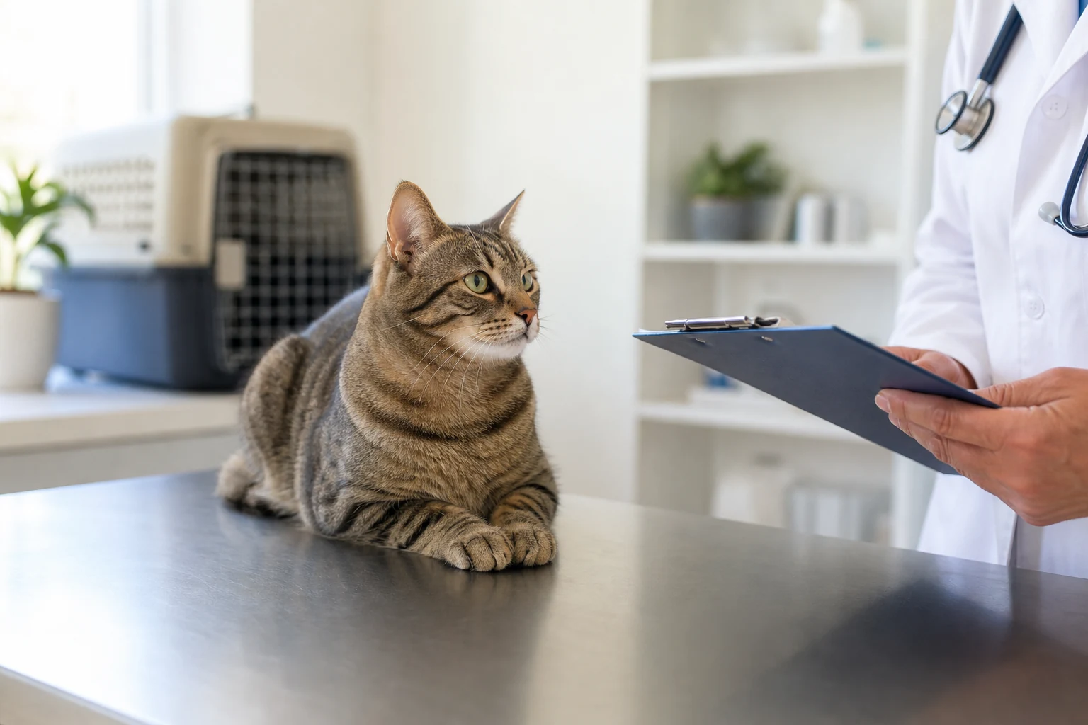 A calm tabby cat on a veterinary exam table after a routine vaccine appointment.