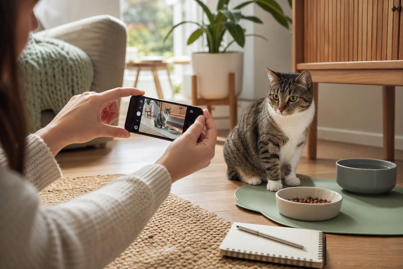 Cat parent calmly recording a short phone video of an alert cat near a feeding mat for a veterinarian.
