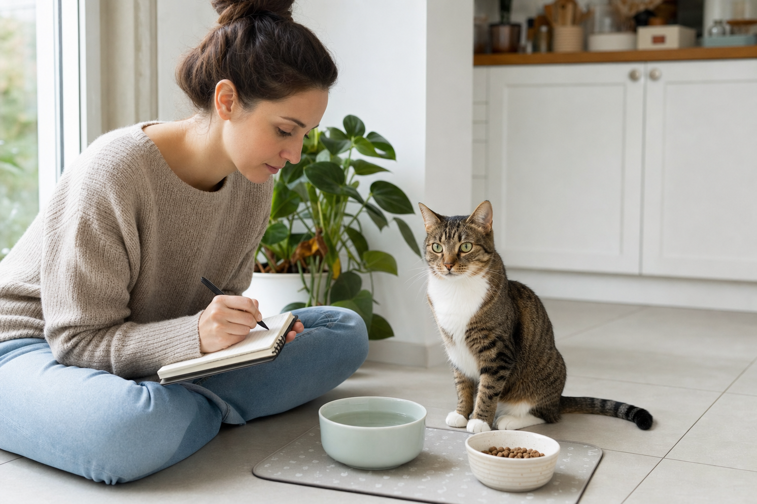 Calm cat parent writing notes beside an alert cat near food and water bowls after a vomiting episode.