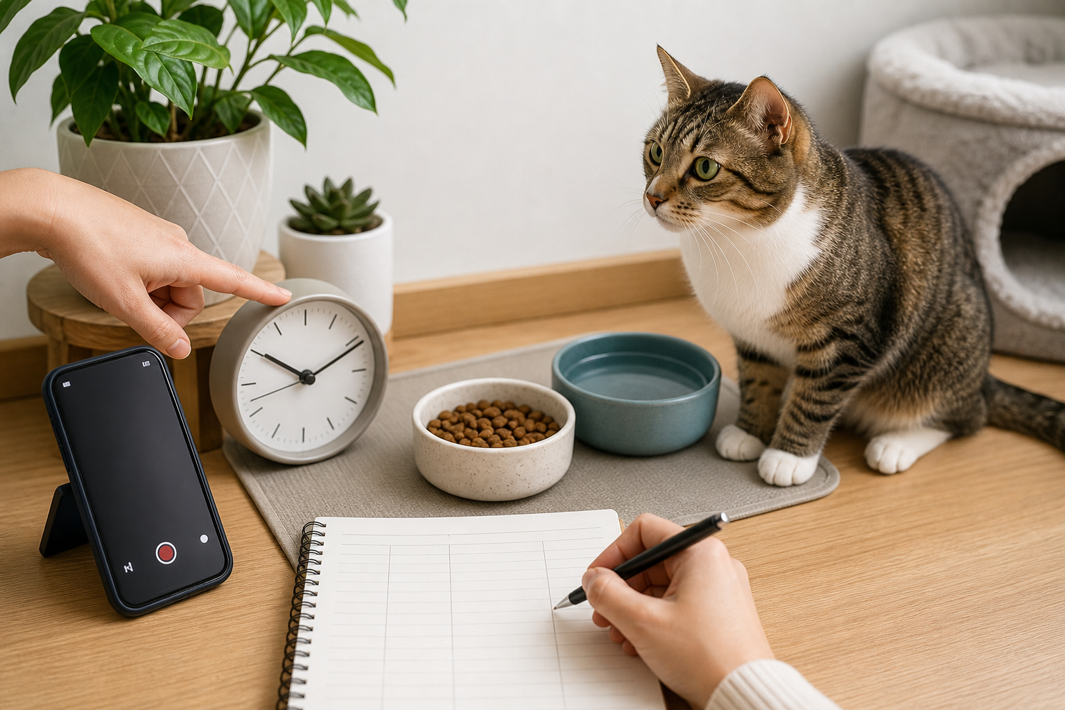 Alert cat beside food and water bowls while a cat parent records timing notes after a vomiting episode.