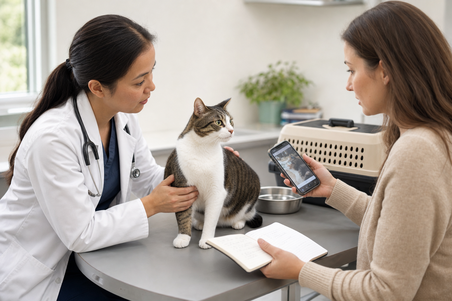 Veterinarian gently examining an alert cat while the cat parent shares phone video and notes.