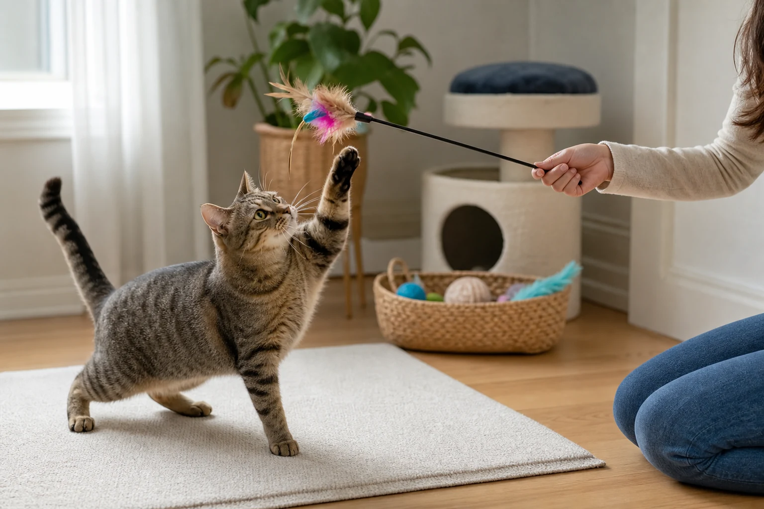 A cat reaching for a feather wand toy while the person's hand stays safely away