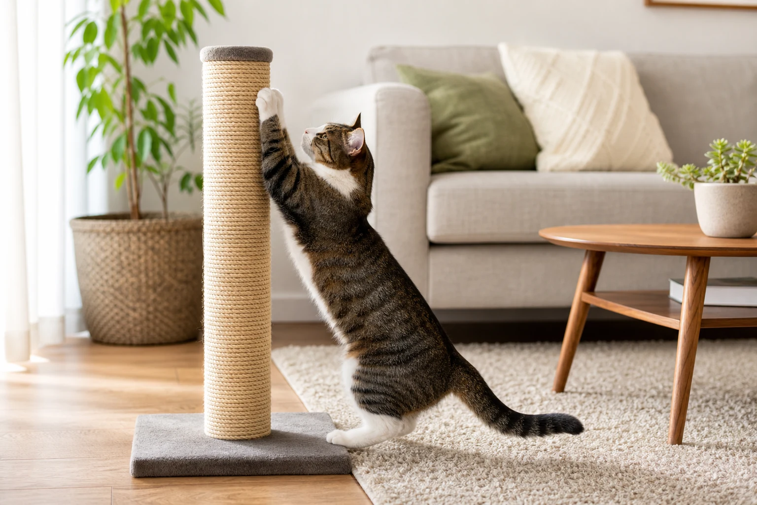 A tabby cat stretches on a sturdy sisal scratching post beside a carpeted area in a calm living room.