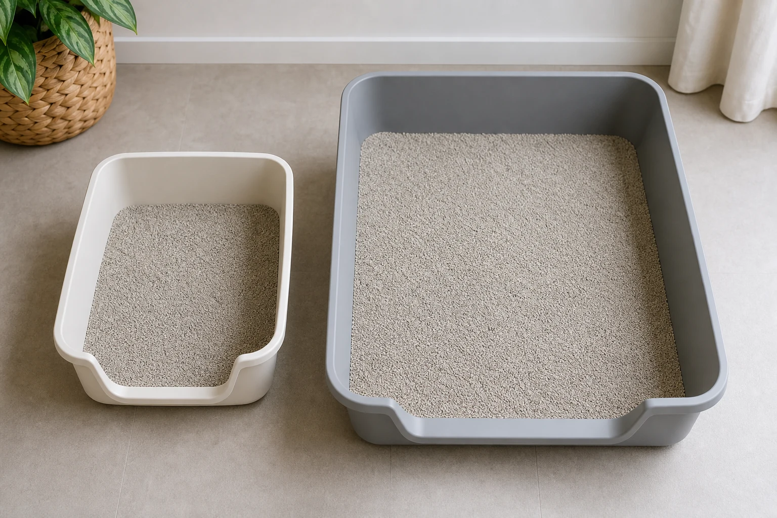 Small cramped litter box beside a larger roomy open litter box for a big cat