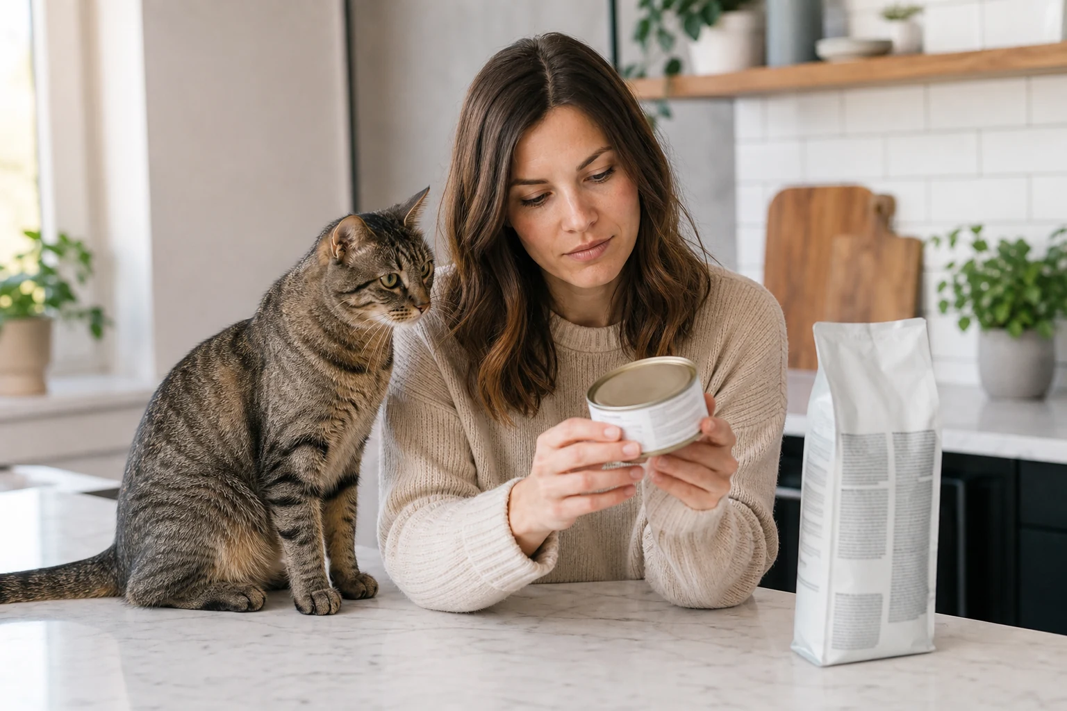 Cat parent reading a cat food label at a kitchen counter while a tabby cat watches nearby.