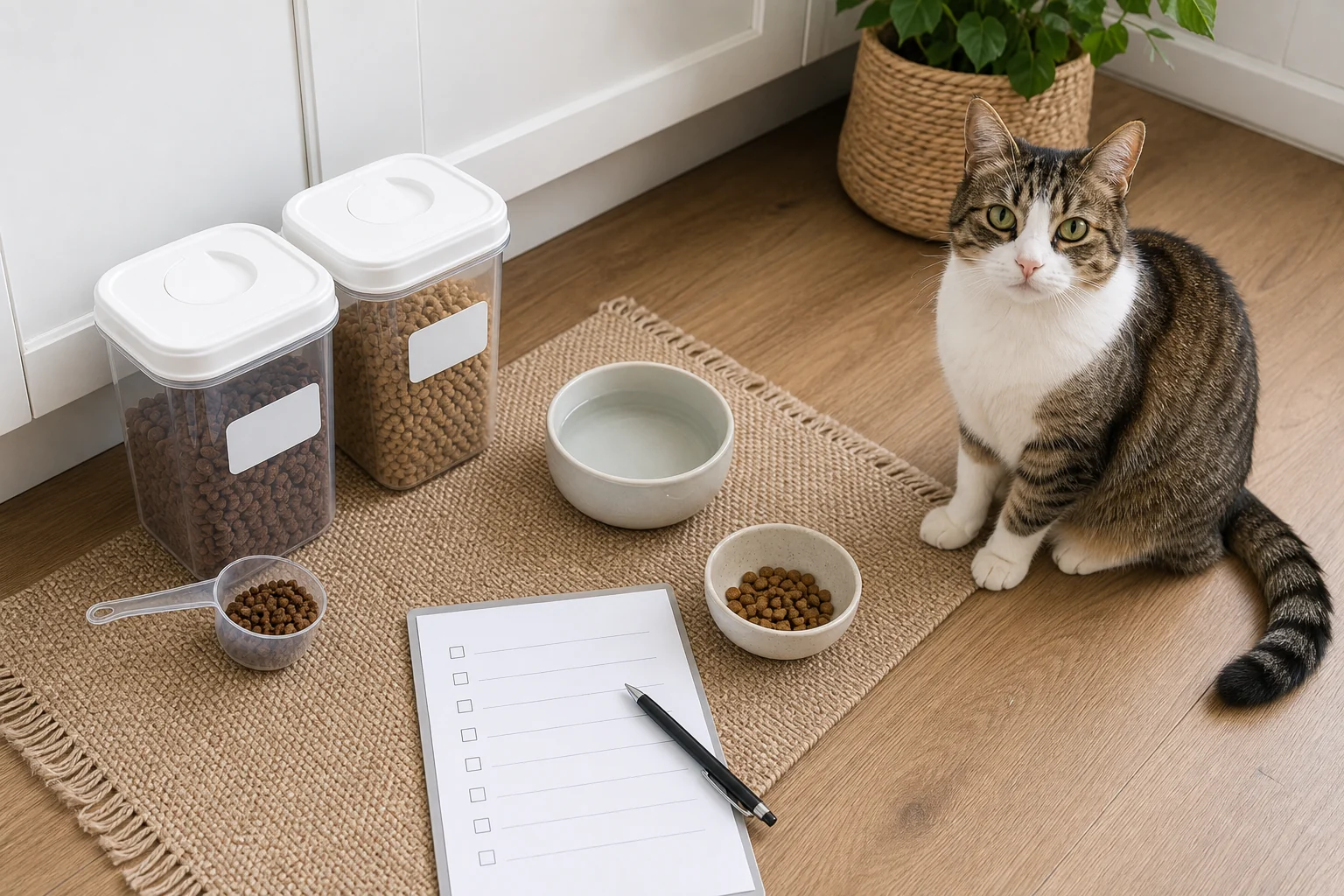 Cat food containers, a scoop, water bowl, and checklist arranged for a sitter