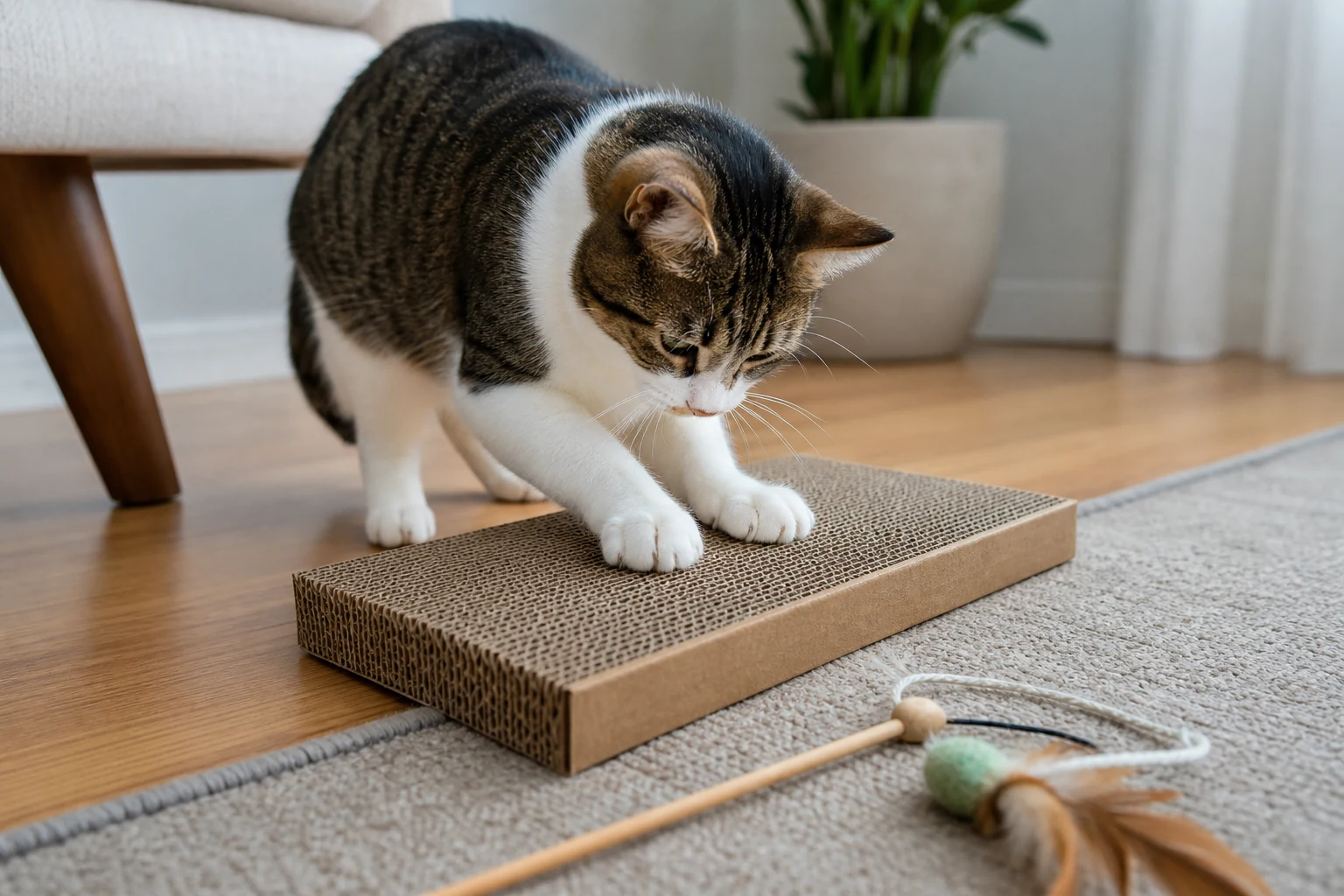 A cat uses a horizontal cardboard scratcher beside a carpet edge.