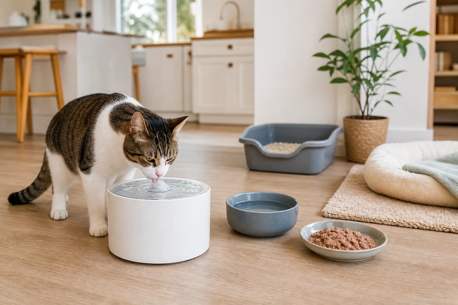 A recovering cat drinking from a water fountain beside a water bowl, wet food dish, resting mat, and easy-access litter box.