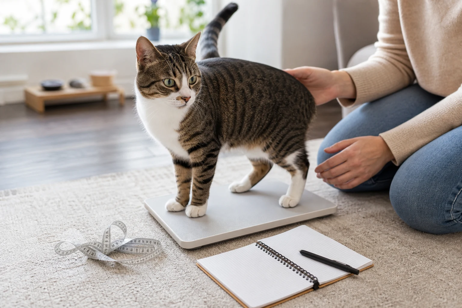 Indoor cat standing calmly near a low pet scale, measuring tape, and weekly body condition notebook.