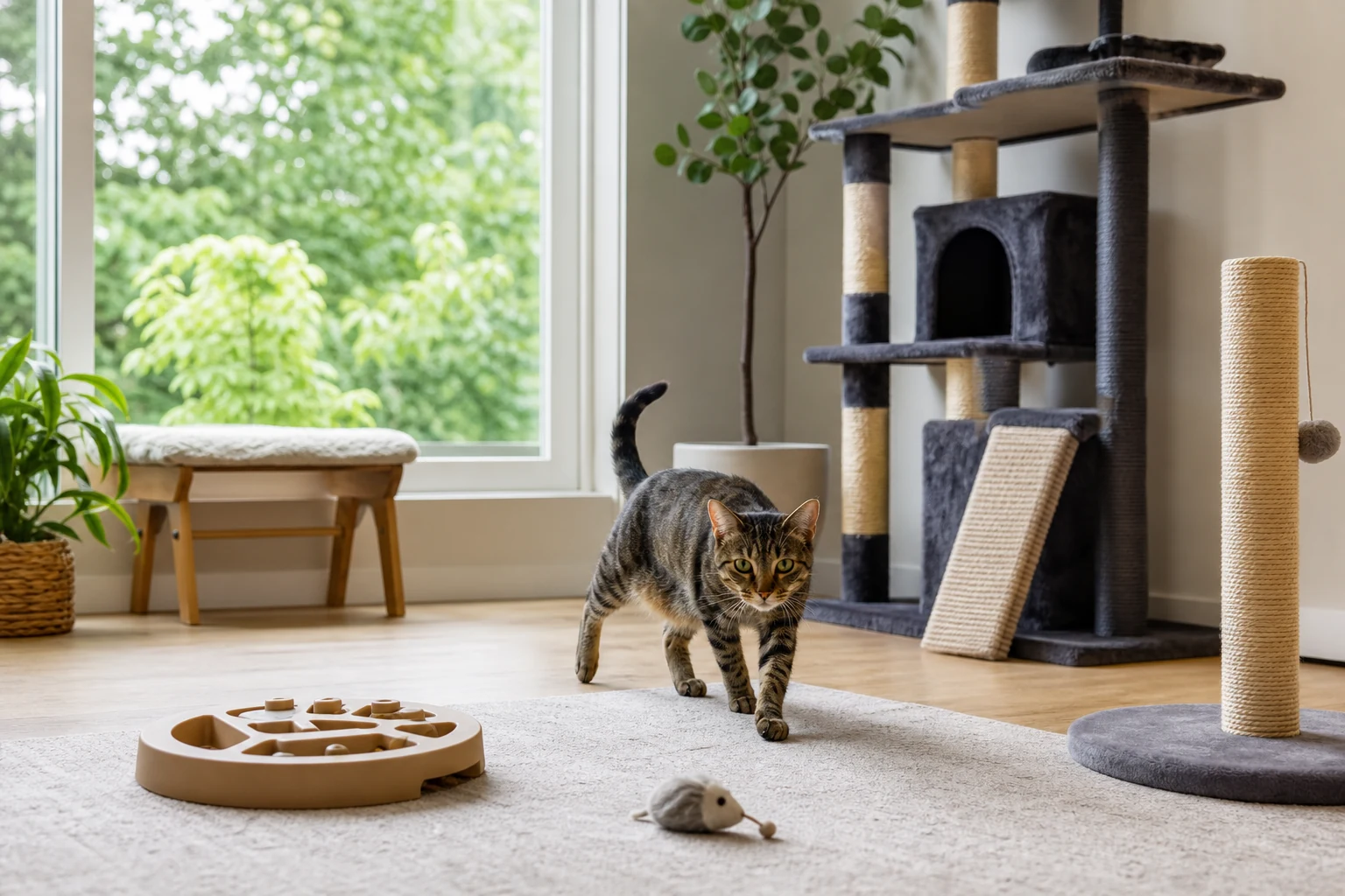 An indoor cat exploring a room with a cat tree, scratching post, window perch, puzzle feeder, and open play space.