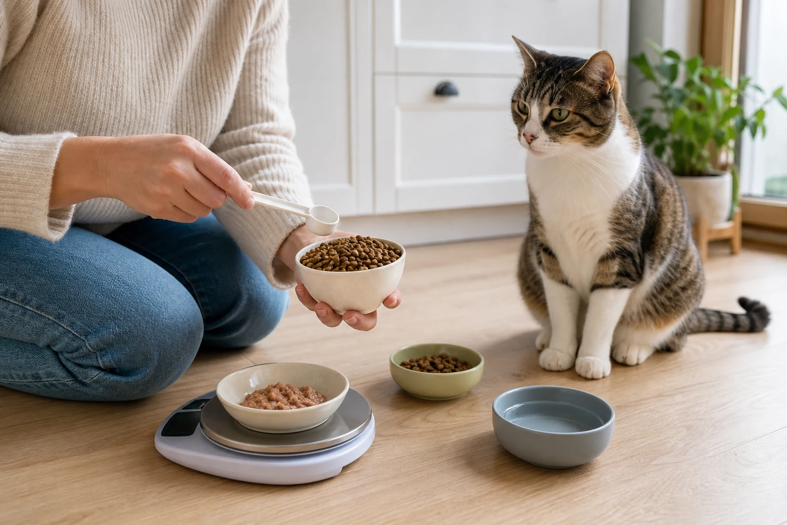 Indoor cat meal being portioned with a scale, wet food, kibble, and water nearby.