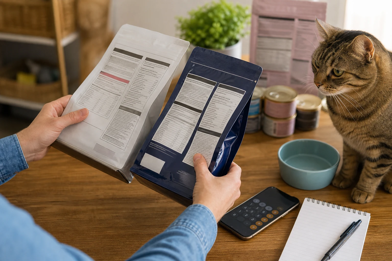 Cat parent comparing two generic cat food labels with a calculator and notebook nearby.