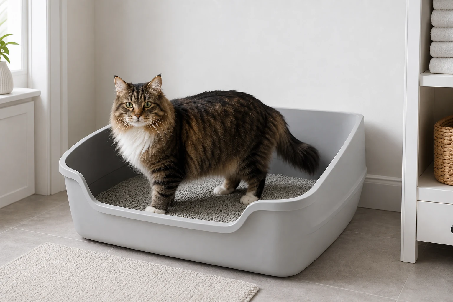 Large longhaired cat standing comfortably inside an oversized open litter box with a low front entry
