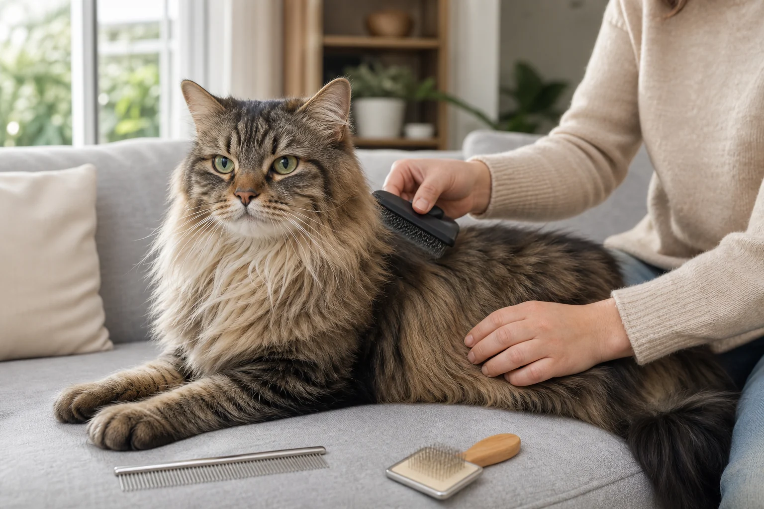 A relaxed longhaired tabby cat being gently brushed on a sofa with grooming tools nearby.