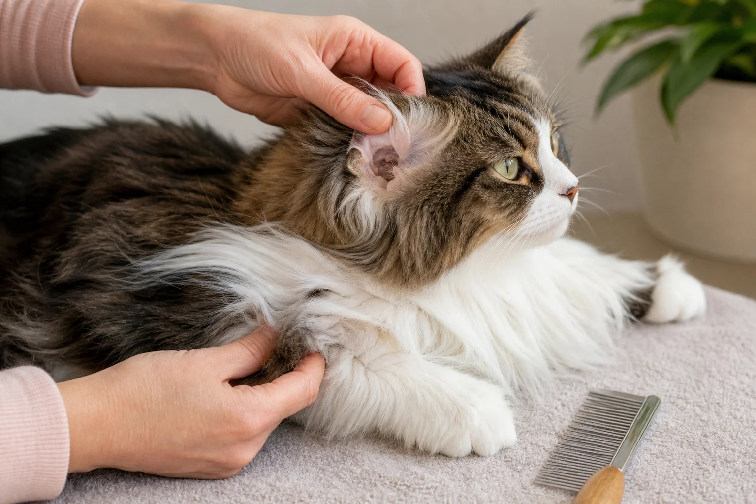 A cat parent gently checks the ear and front-leg trouble spots of a longhaired cat.