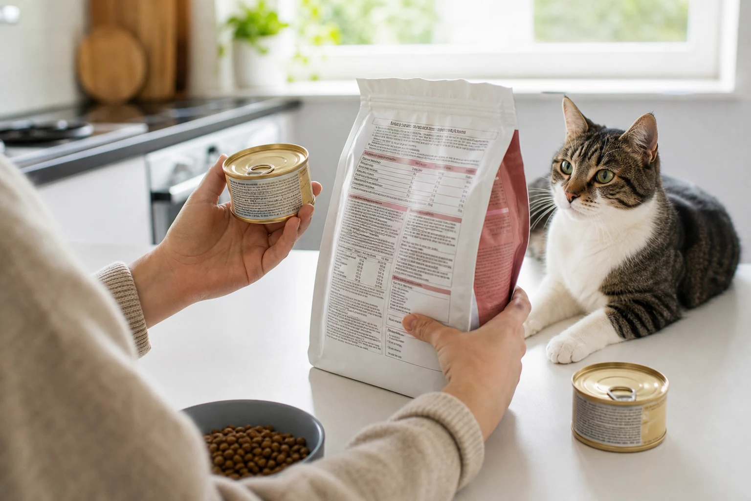 Cat parent comparing wet and dry cat food labels while a tabby cat watches from a kitchen counter.