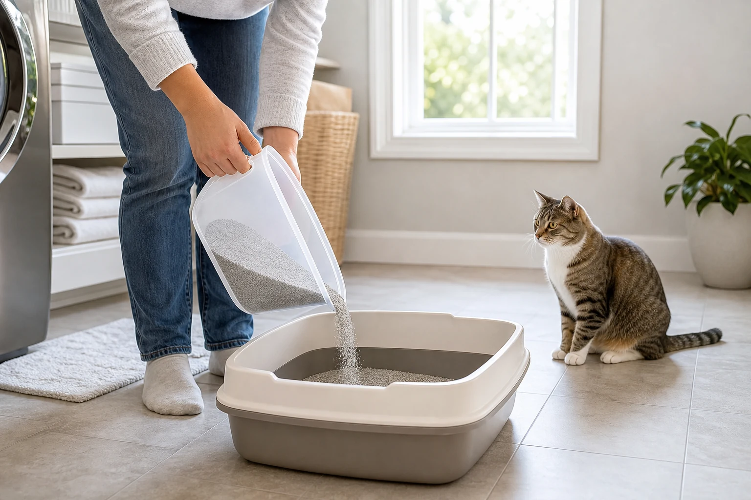 Caregiver pouring cat litter slowly and low into a clean open litter box while a cat watches