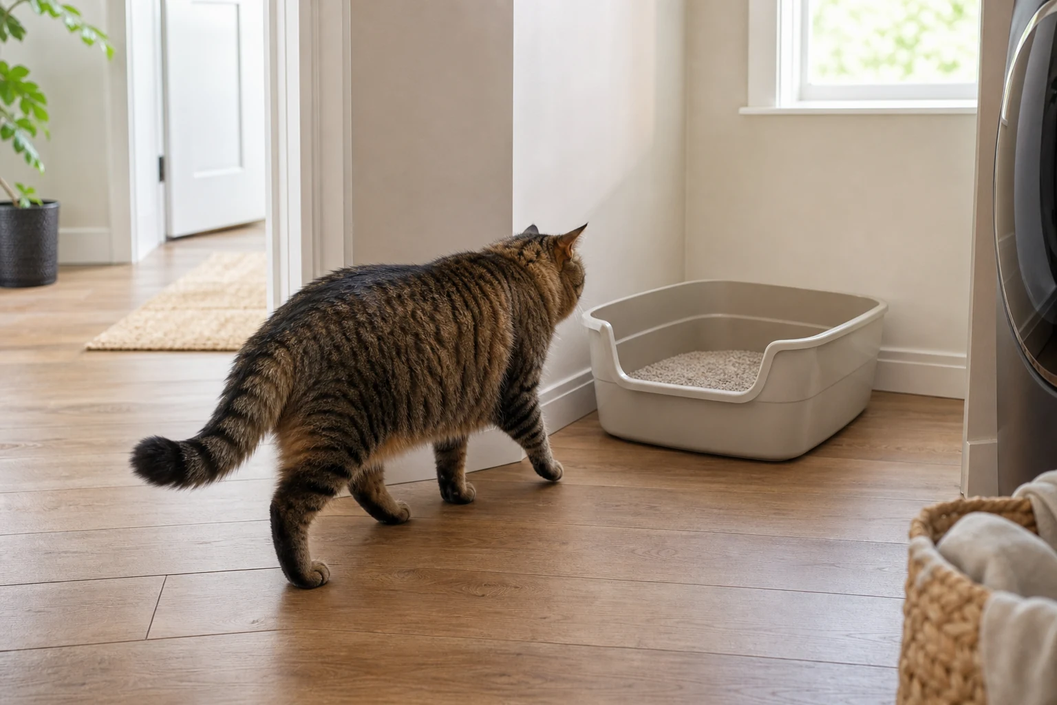 Large tabby cat approaching a low-entry litter box in a quiet accessible home corner