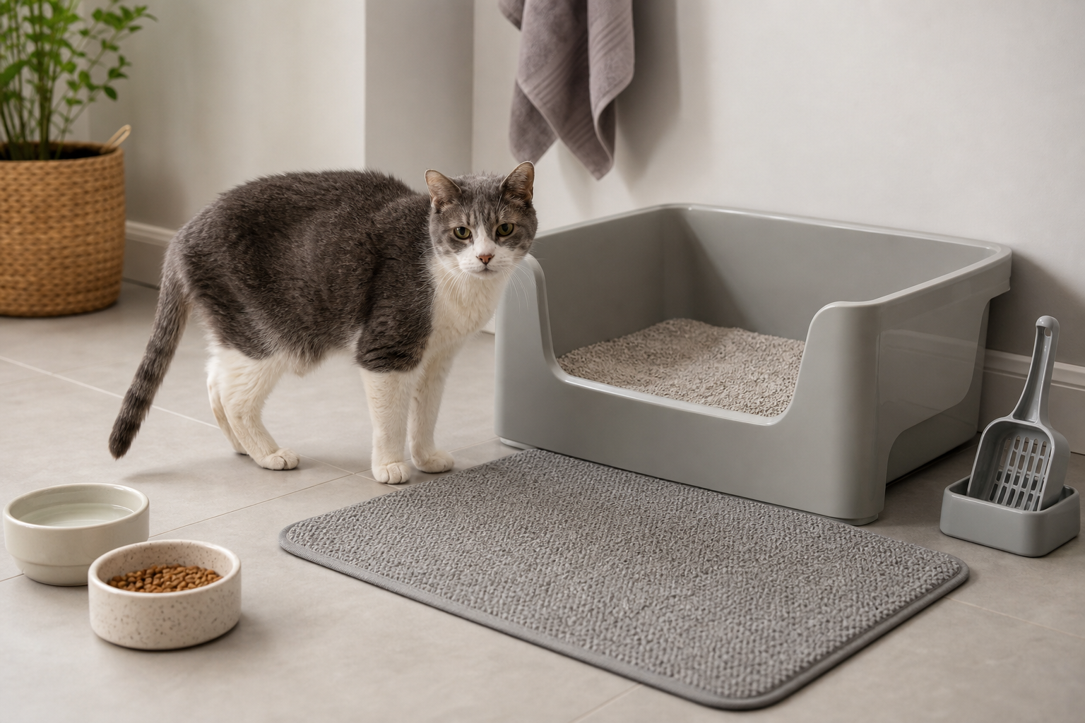 Senior gray and white cat standing near a large uncovered litter box with a low entrance and soft mat.
