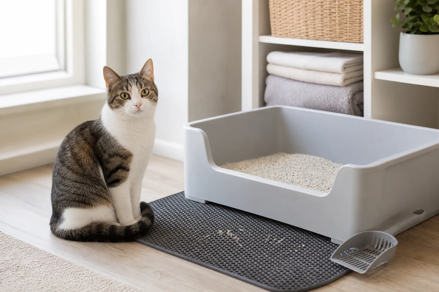 Calm tabby cat beside a clean open litter box with a textured litter mat and scoop nearby