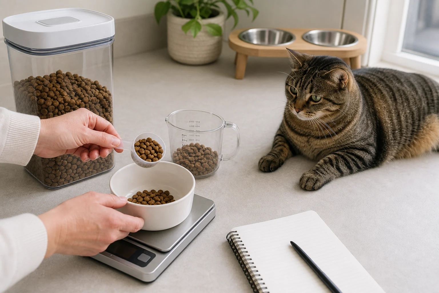 Cat parent measuring dry cat food beside a food container, blank feeding log, and relaxed indoor cat.