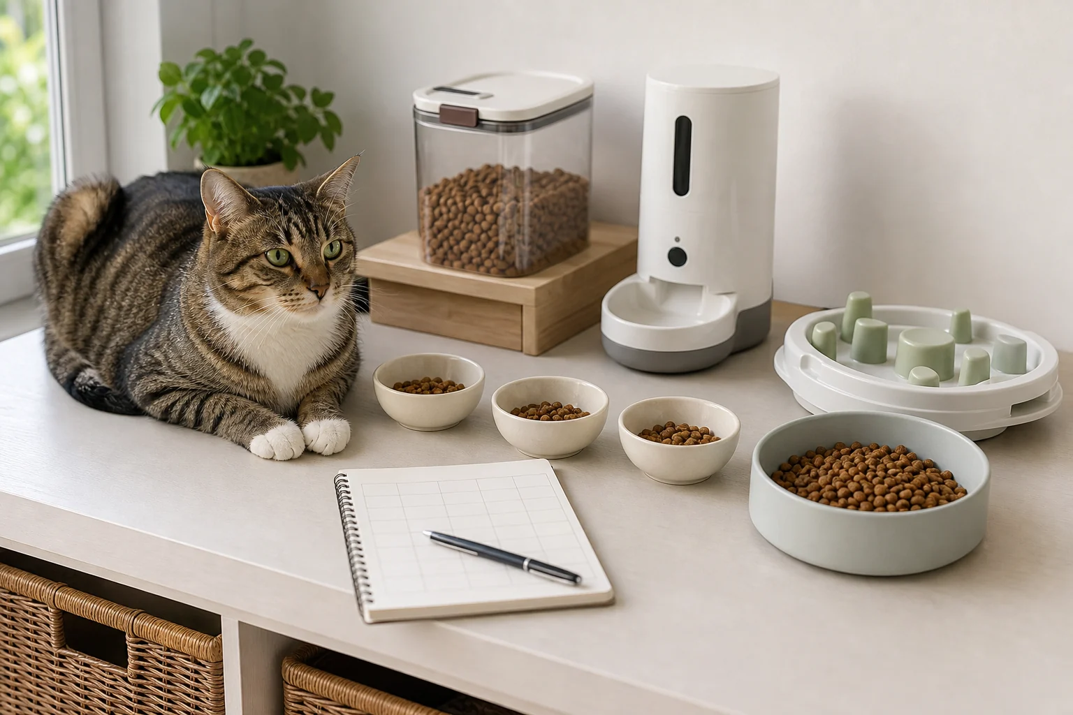 Indoor cat near several small measured food bowls, an automatic feeder, a puzzle feeder, and a blank meal schedule notebook.