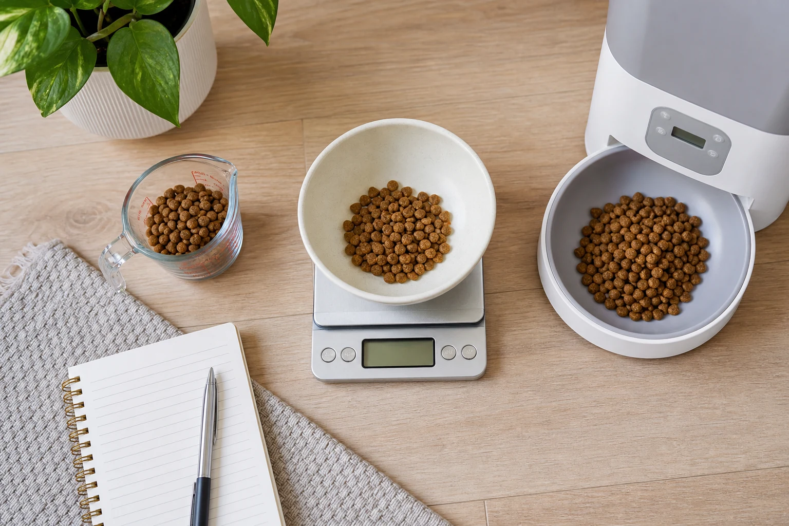 Measured dry cat food portion on a kitchen scale beside an automatic feeder and feeding notebook.