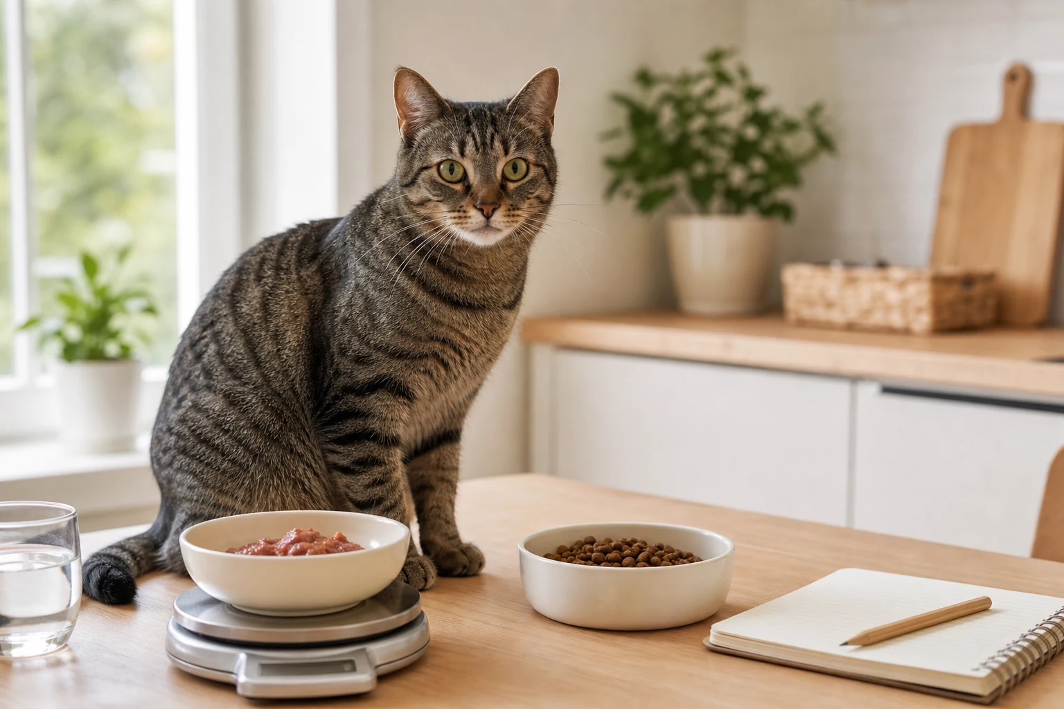 Indoor cat beside measured wet food, dry food, a kitchen scale, and a feeding log for a mixed-feeding weight plan.