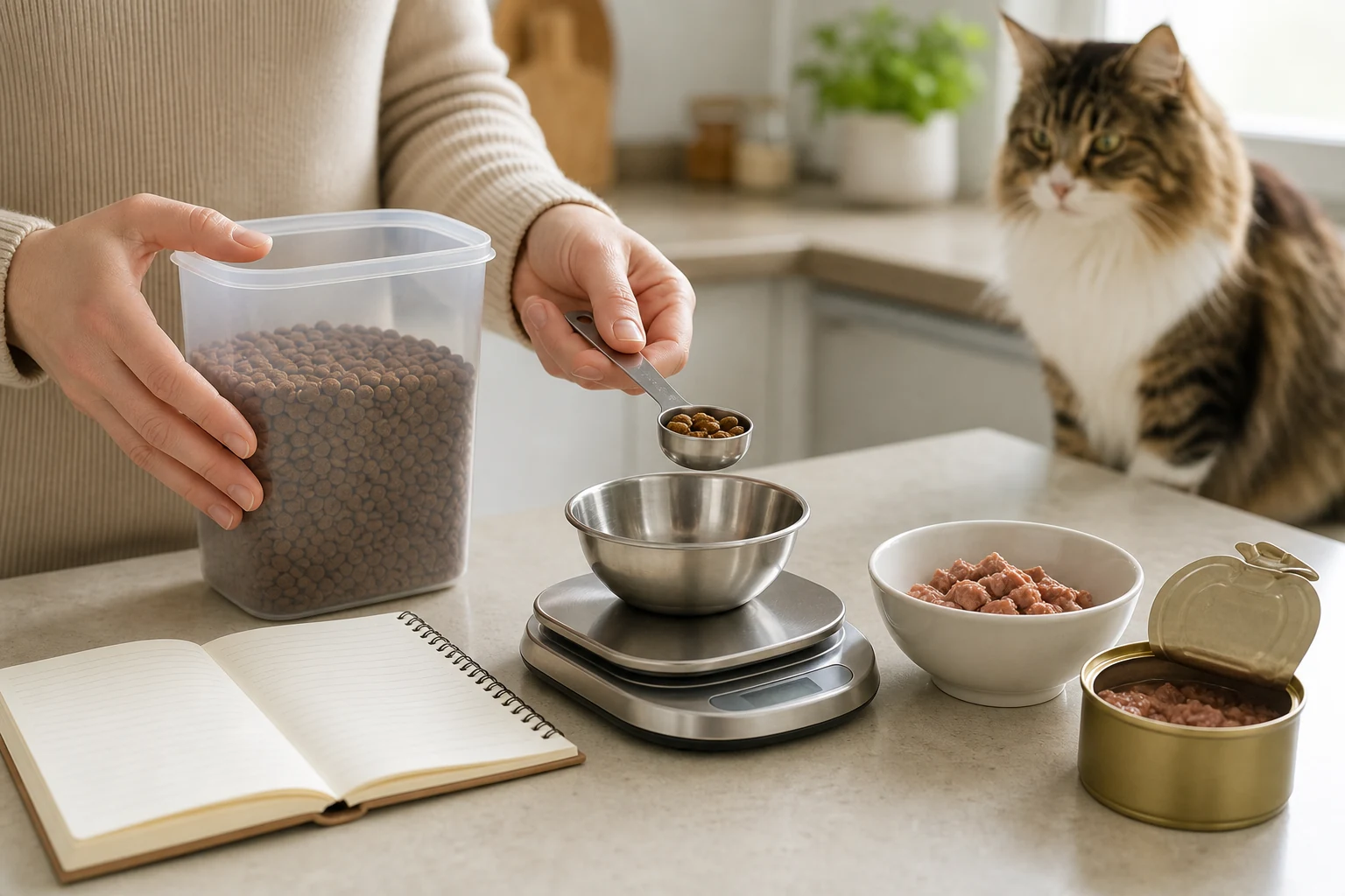 Hands measuring a small dry food portion beside wet cat food, a kitchen scale, and a blank feeding log.