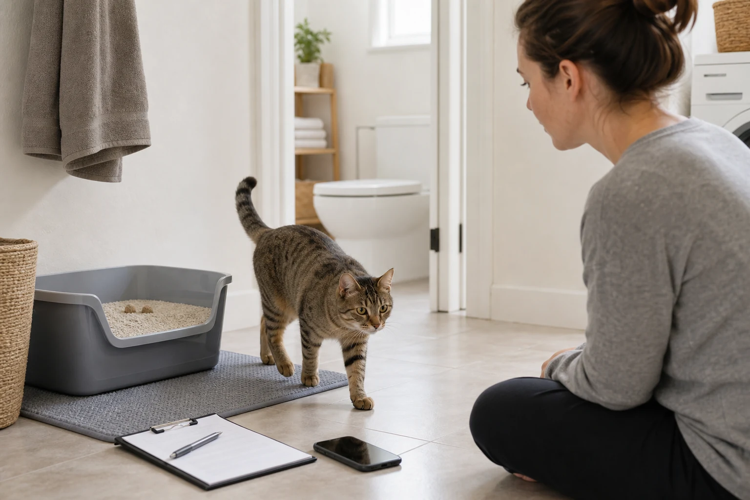 A cat parent calmly watching a recovering cat leave a low-entry litter box with a phone and checklist nearby.
