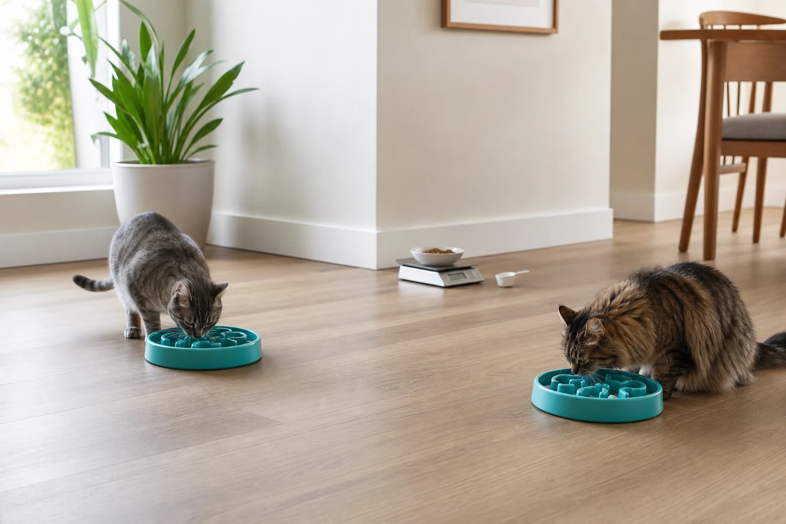 Two cats eating calmly from separate puzzle feeders placed far apart in a bright room.