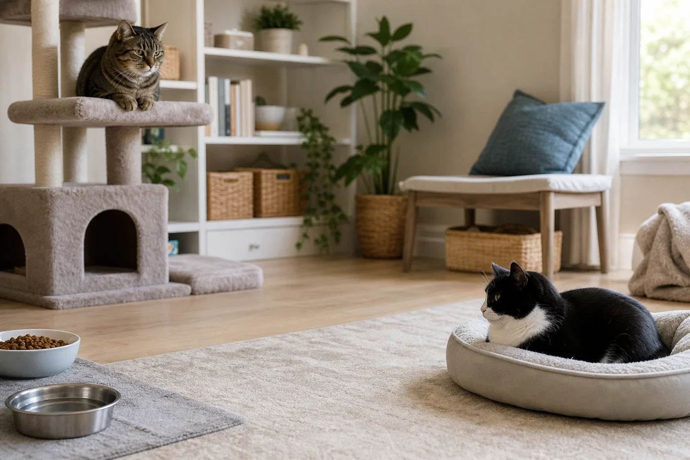 Two calm cats rest in separate safe zones in a living room with a cat tree, beds, and distance between them.