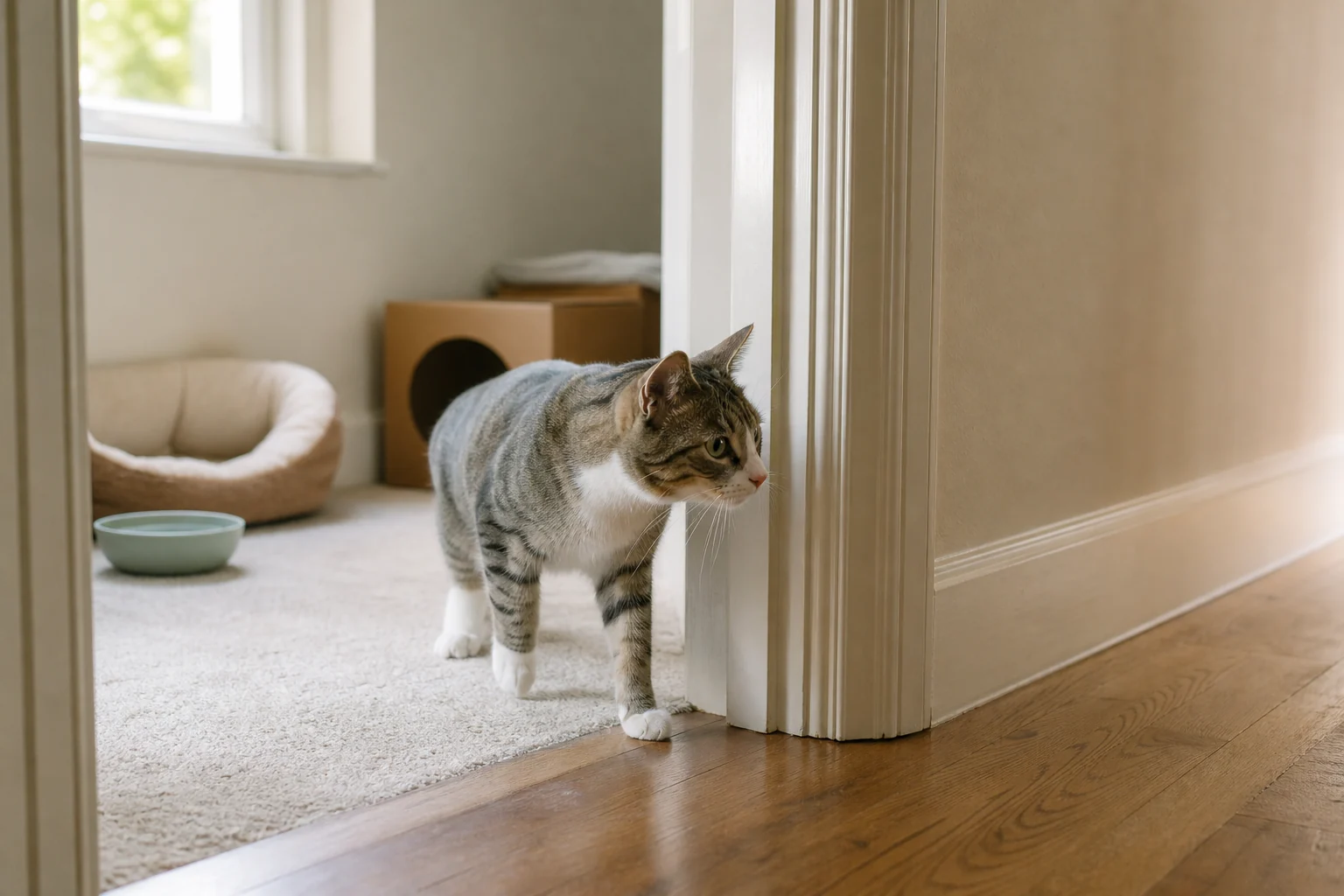 Tabby cat cautiously stepping from a quiet starter room into a hallway with bedding, water, and a cardboard hide behind it