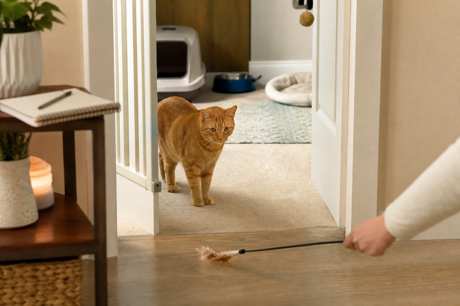 Orange cat in a doorway while a person offers a wand toy from a respectful distance