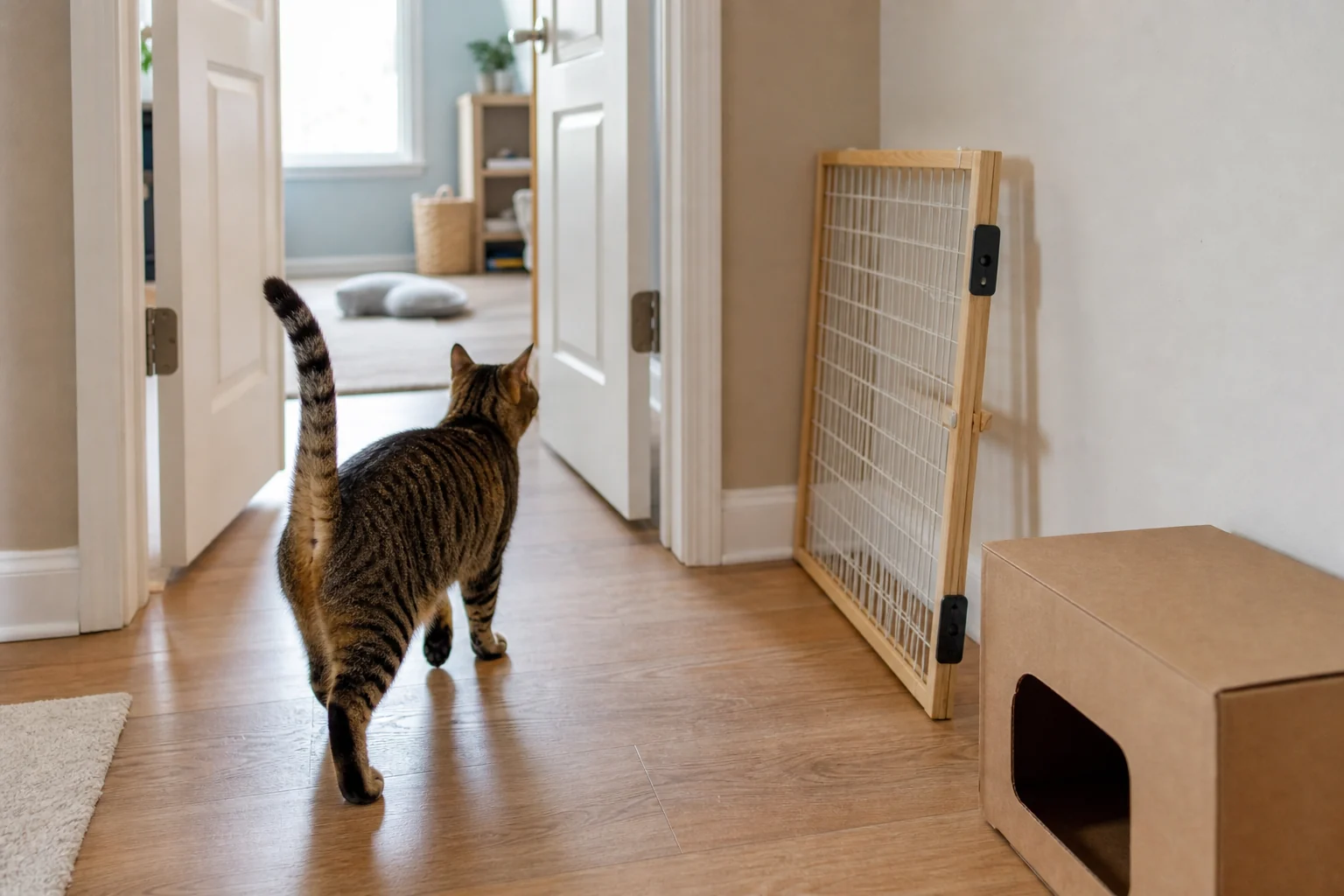 Cat walking through a quiet hallway toward an open starter-room door with a cardboard hide and open gate nearby