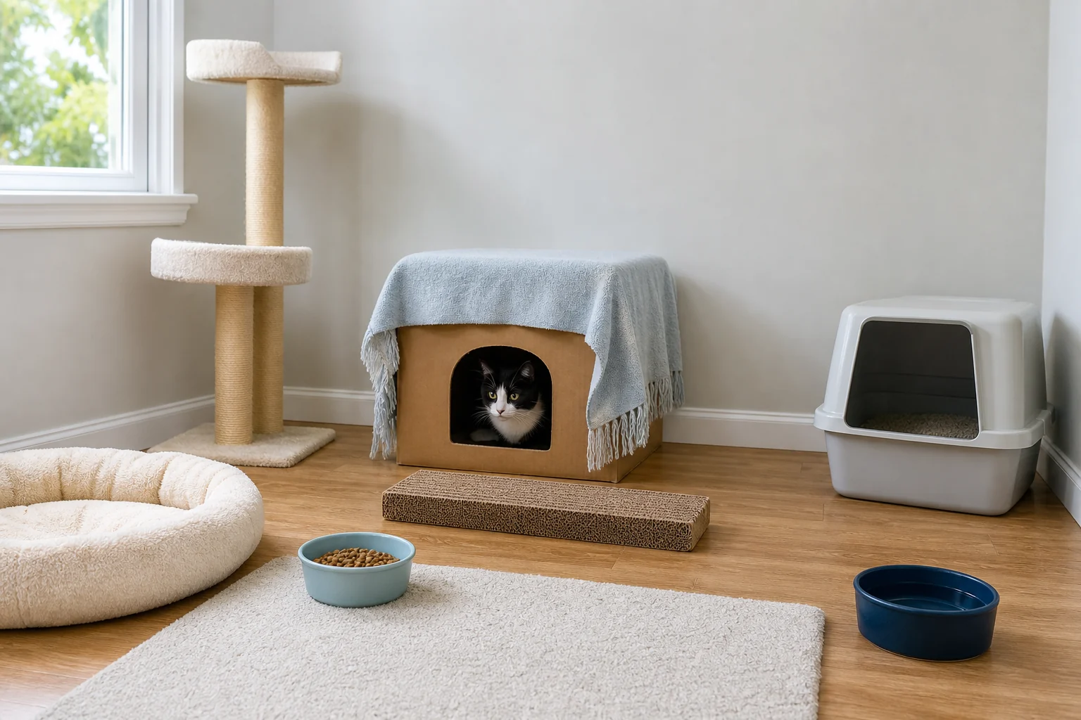 Black-and-white cat in a safe-room hide with litter, food, water, scratcher, bed, and perch