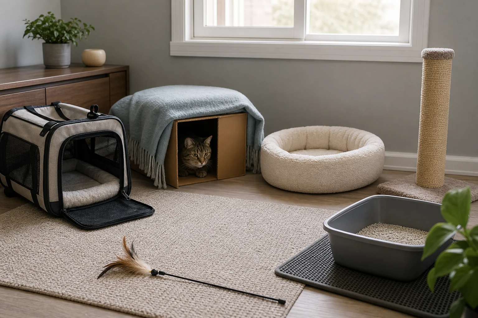 New cat resting in a cardboard hide inside a quiet starter room with carrier, bed, scratcher, toy, and litter box