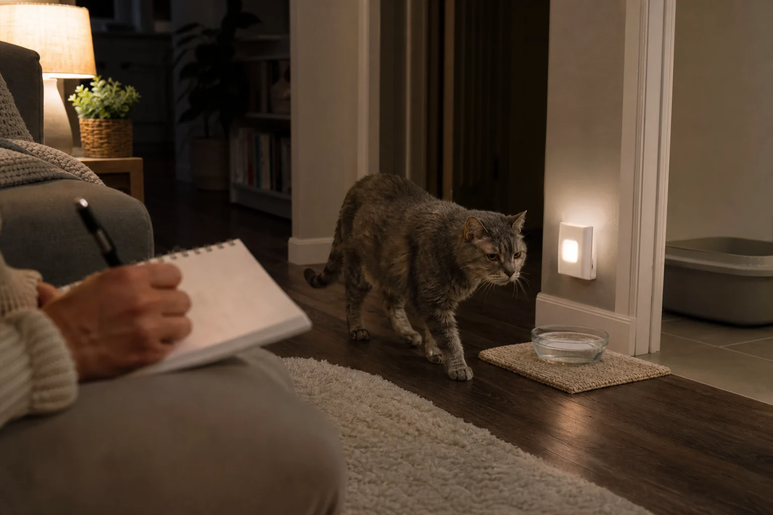 Cat parent quietly noting nighttime behavior while a senior cat walks near water and a litter box.