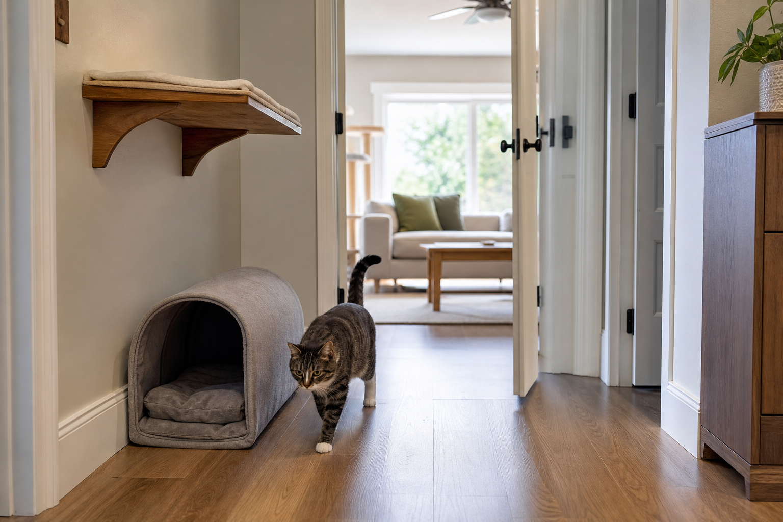 A cat walks through an open hallway beside a covered bed and wall perch with clear doorway access.