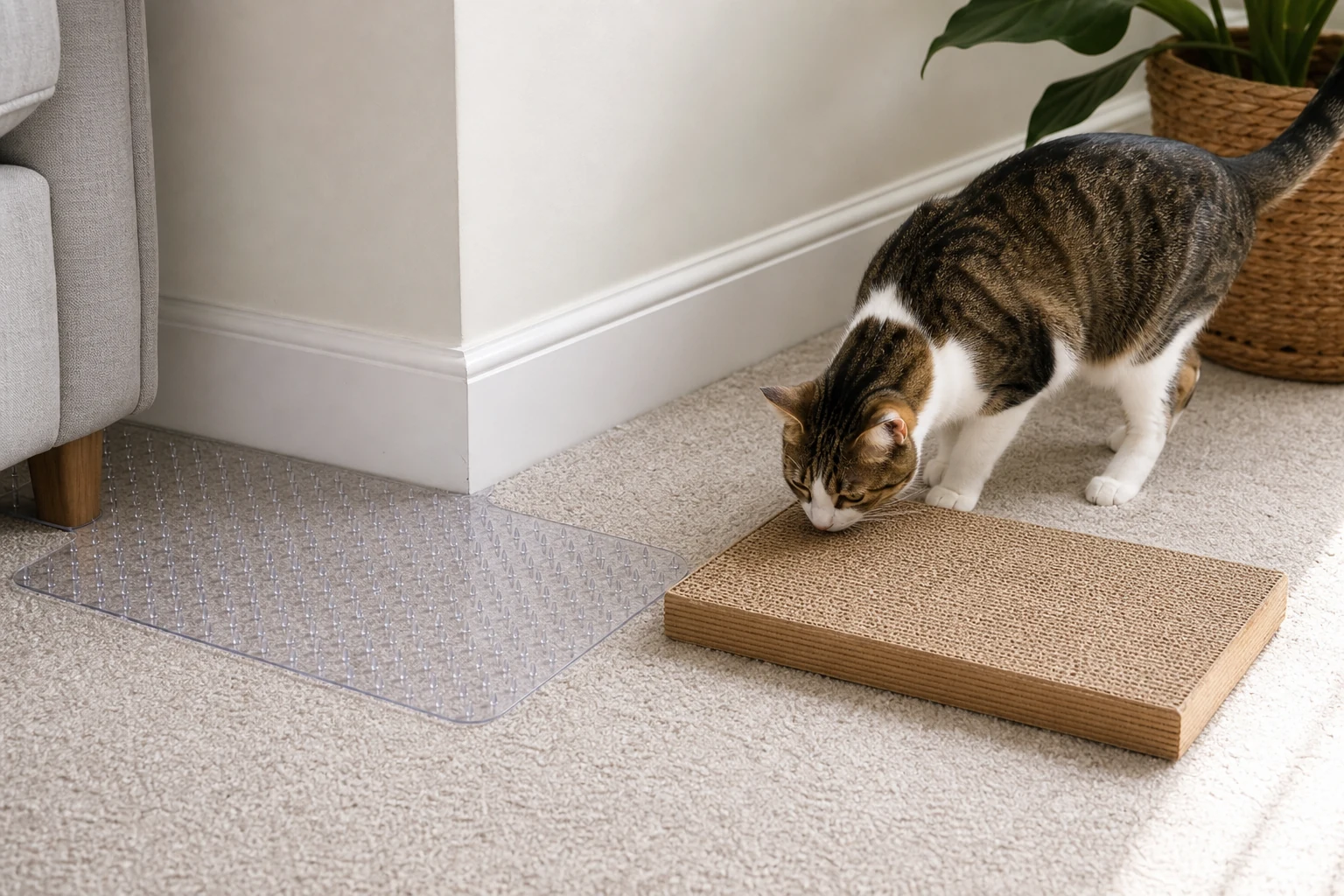 A protected carpet corner with a replacement scratcher nearby.
