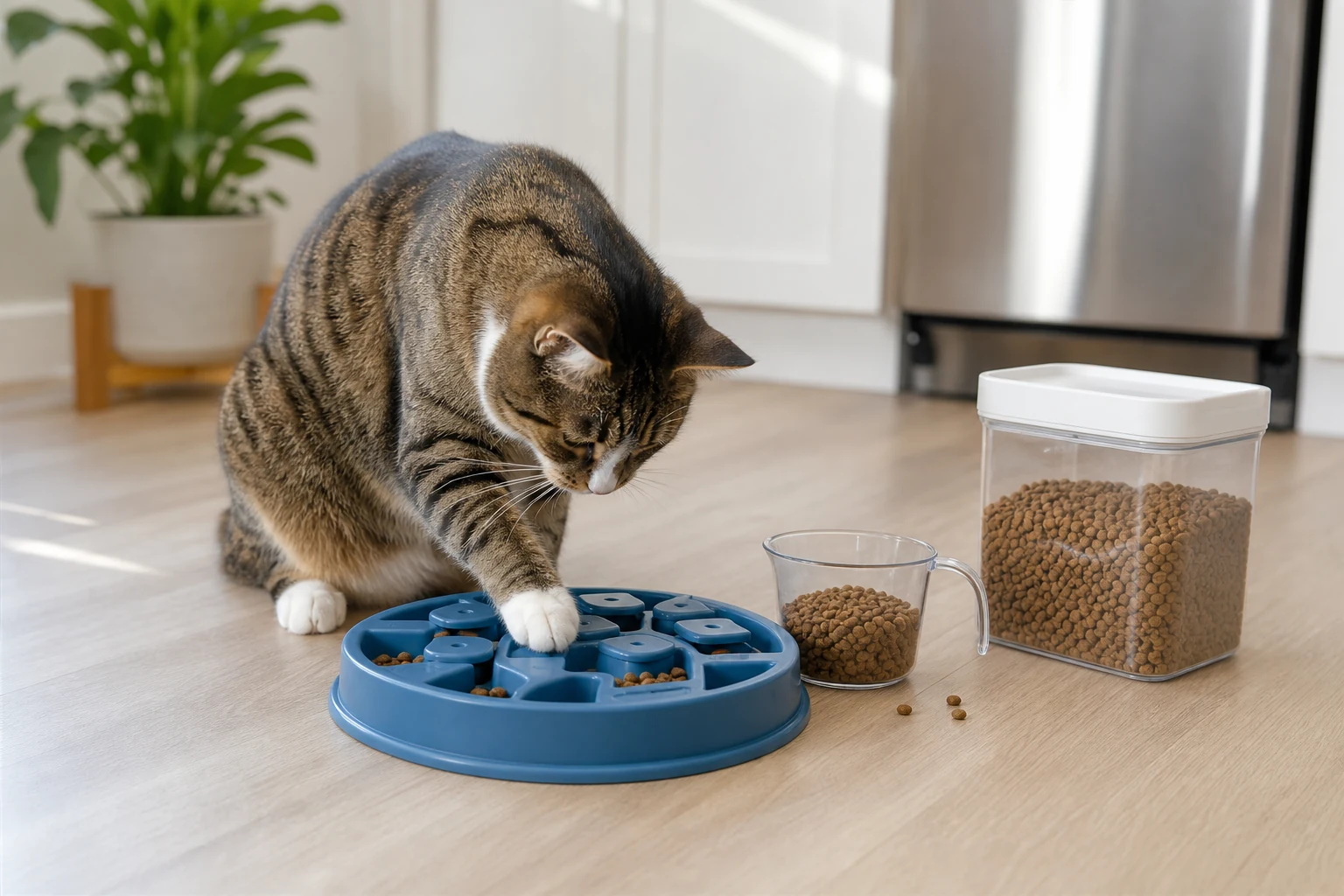Tabby cat using a blue puzzle feeder beside measured kibble and a clear food container in a bright kitchen.